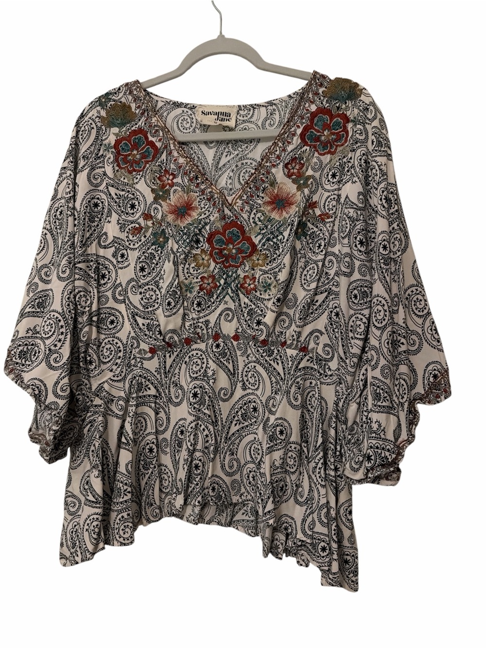Savanna Jane Boho Paisley Kimono Tunic Blouse Multic Floral Embroidery 1X EUC